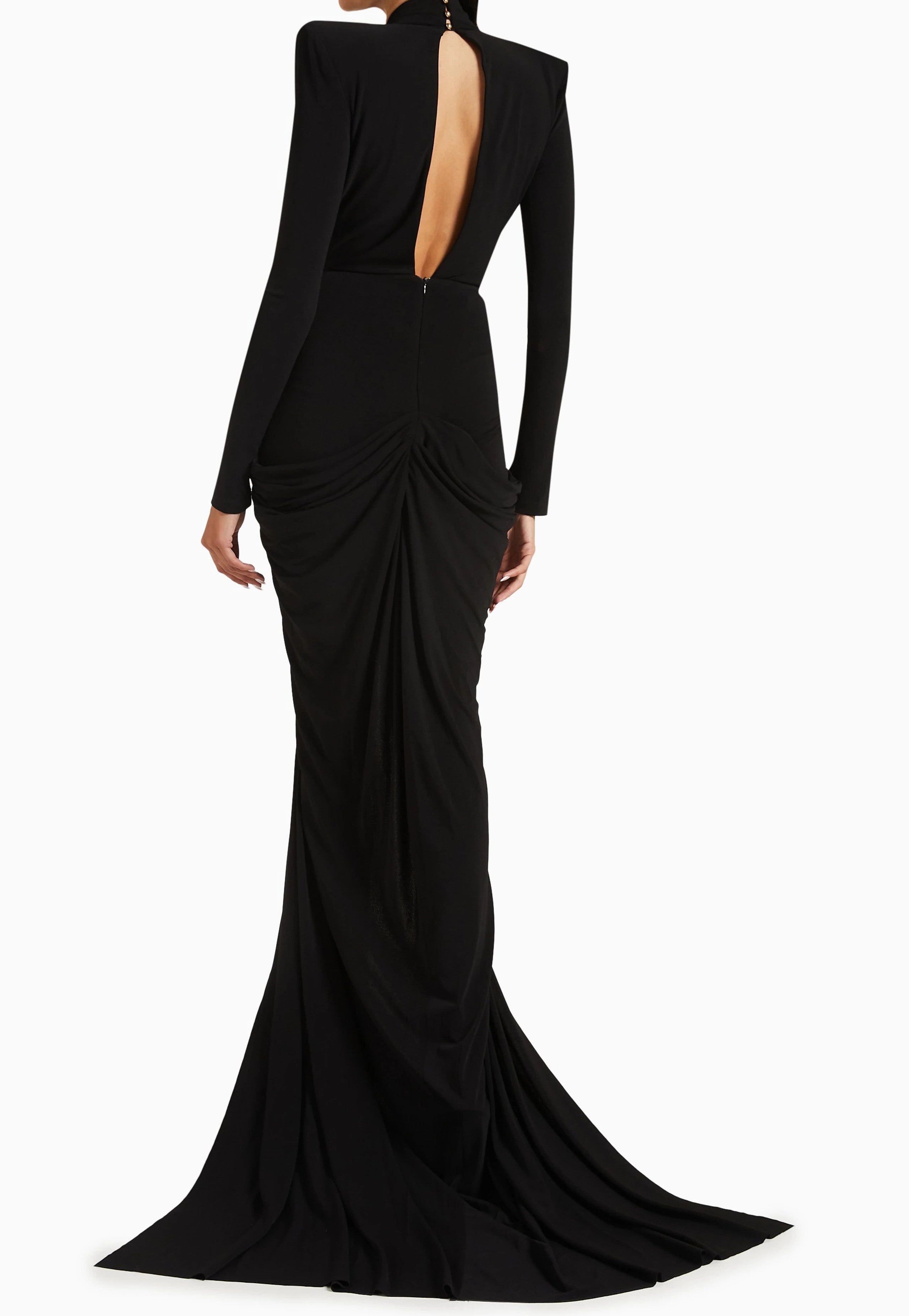 Avalee Long Sleeve Plunge V Neck Crystal Maxi Dress In Black