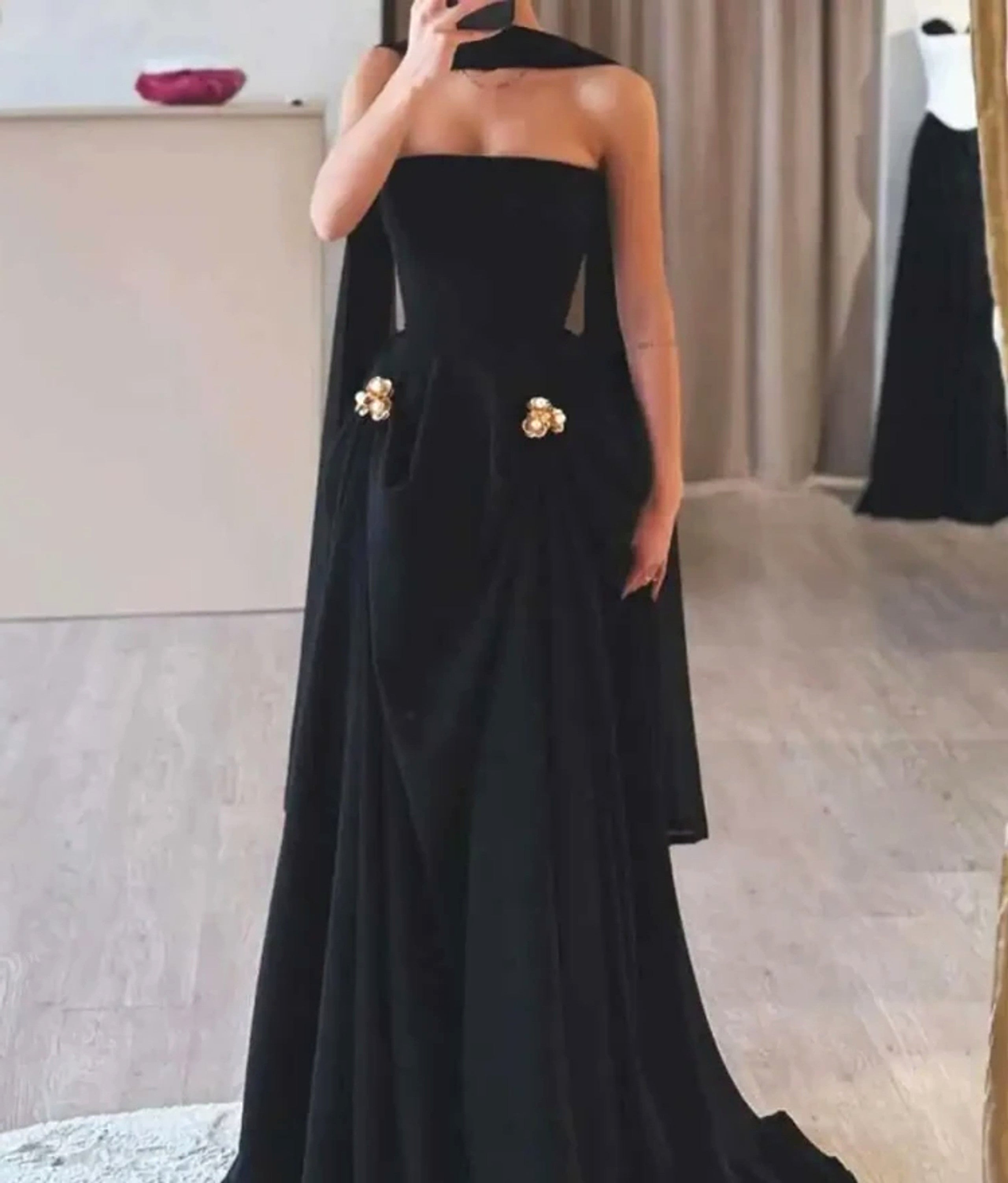 Nadalia Strapless Floral Detail Maxi Dress In Black