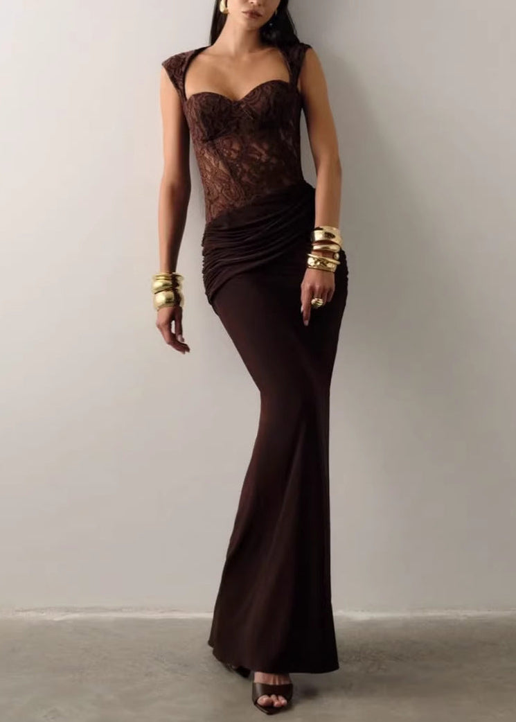 Luxyvar Lace Bustier Draped Maxi Dress In Brown