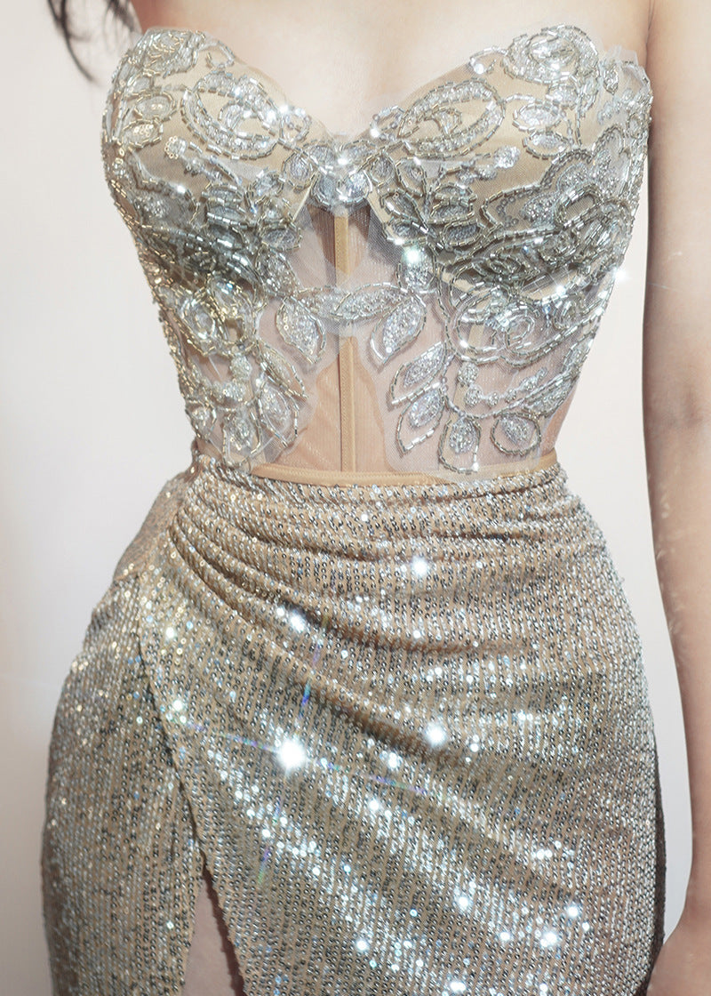 Papina Strapless Sequin Split Skirt Set