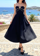 Ashur Pearl Detail A Line Midi Dress In Black