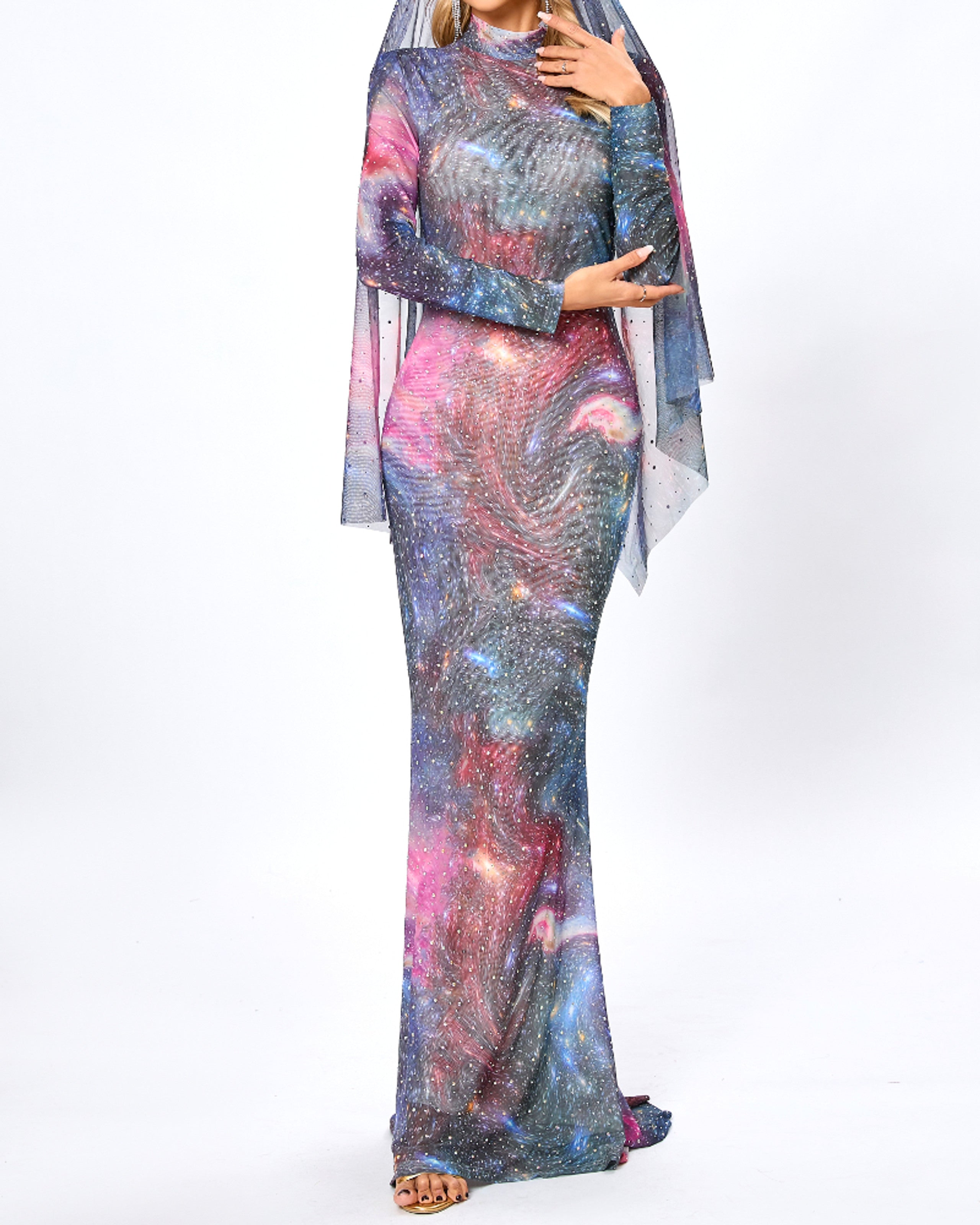 Lyn Long Sleeve Studded Maxi Dress In Galaxy