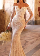 Pakpao Long Sleeve Floral Bustier Lace Maxi Dress In White Nude