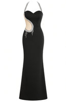 Nyrax Halter Crystal Mesh Insert Maxi Dress In Black