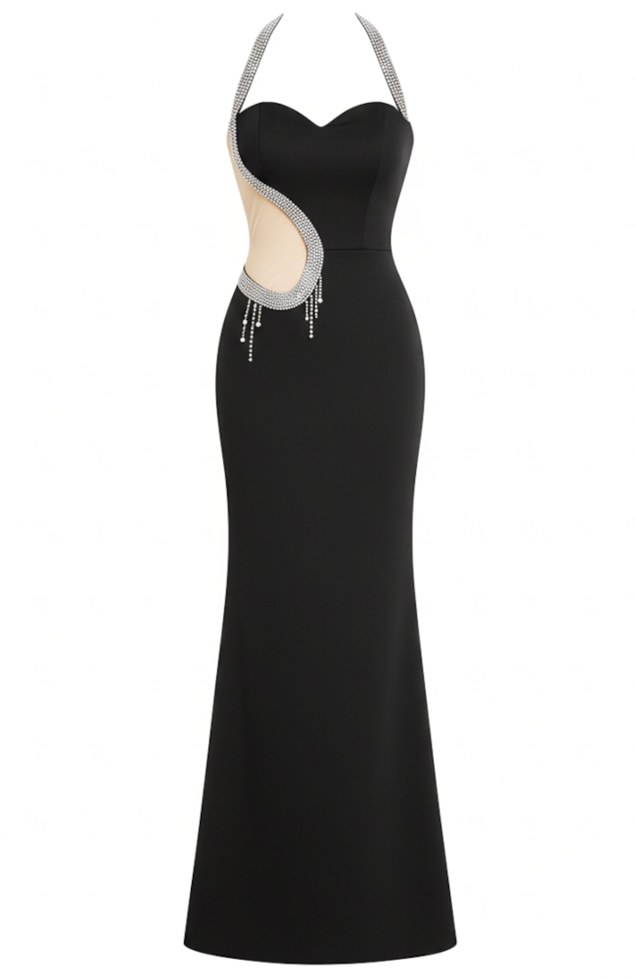 Nyrax Halter Crystal Mesh Insert Maxi Dress In Black