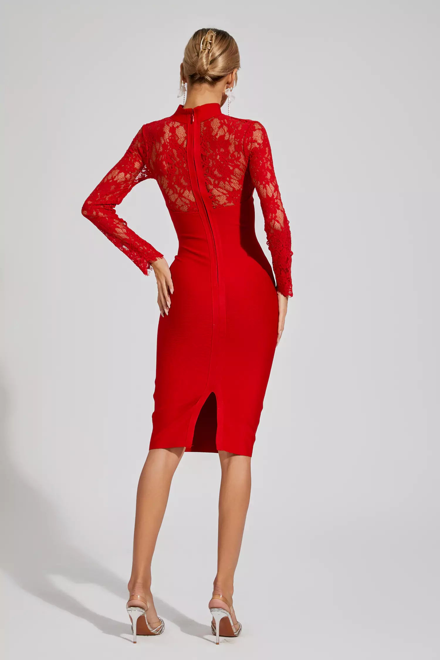 red long sleeve bandage dress Red bandage dress mesh flounce sleeve zip back IA VISION BOUTIQUE
