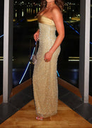 Larisa Satin Sequin Pearls Beaded Maxi Dress In Gold