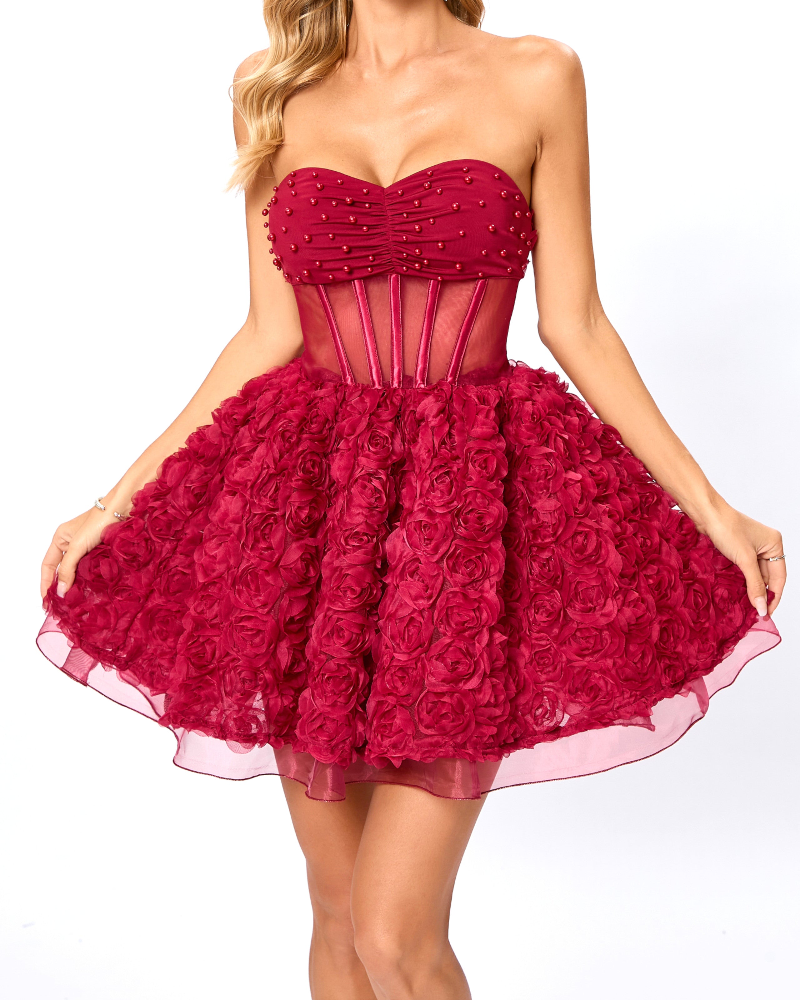 Osorio Strapless Floral Corset A Line Mini Dress In Red