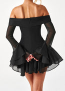 Jancis Long Sleeve Bardot A Line Dress In Black