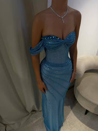 Bahadur One Shoulder Rhinestone Mesh Maxi Dress