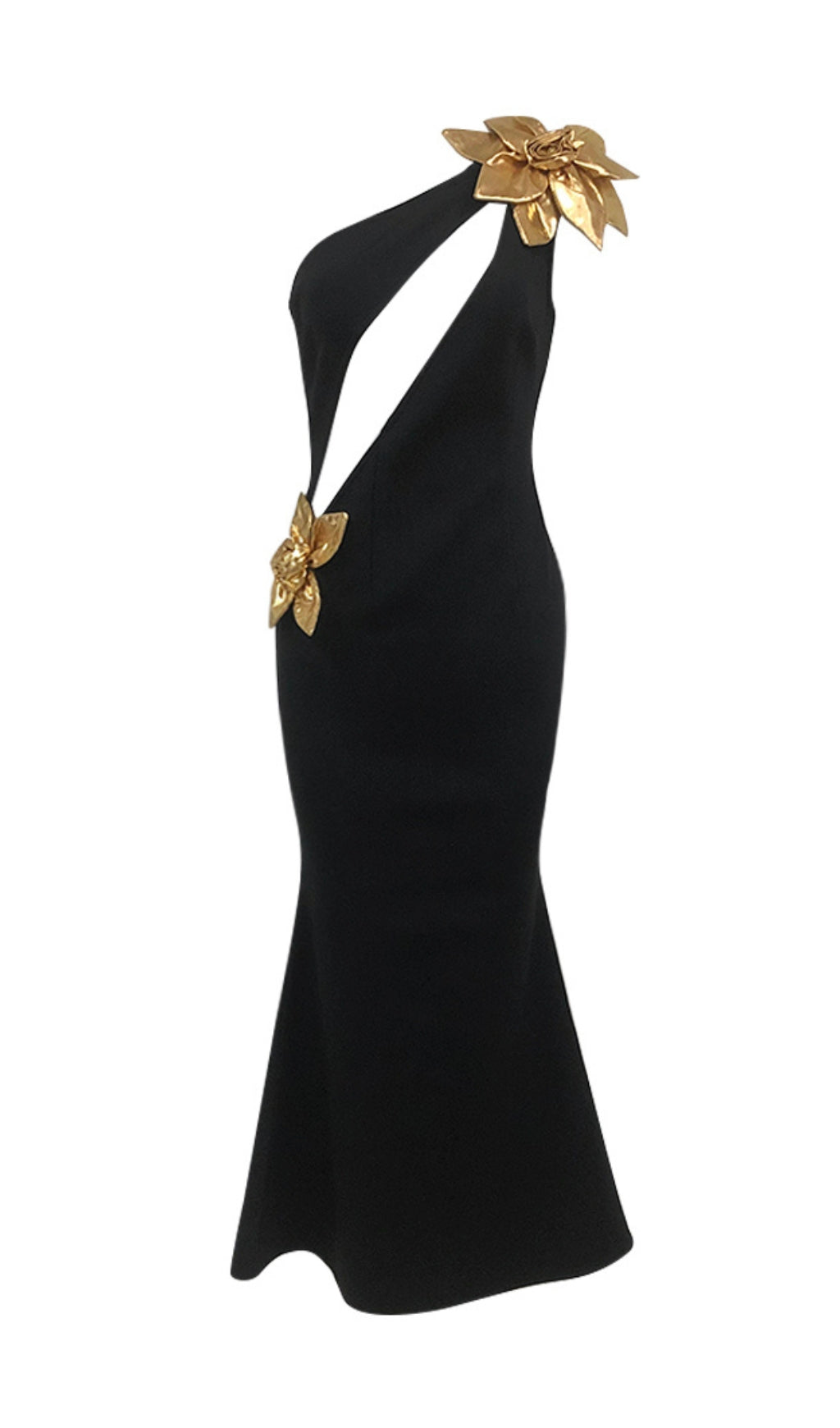 Katima 3D Flower Cutout Black Maxi Dress In Gold