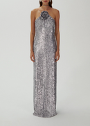 Devrim Floral-Appliqué Sequin Maxi Dress In Silver