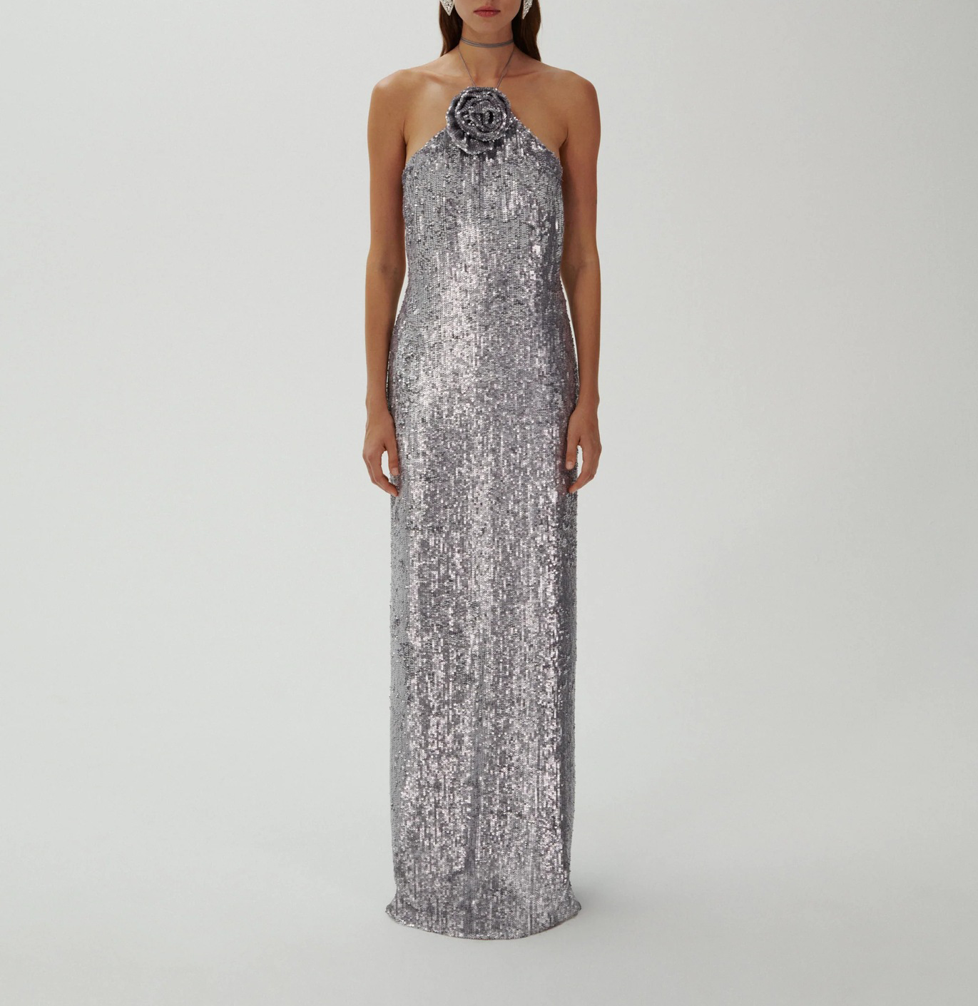 Devrim Floral-Appliqué Sequin Maxi Dress In Silver