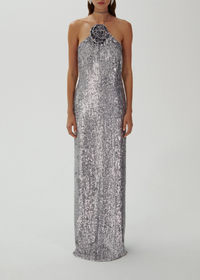 Devrim Floral-Appliqué Sequin Maxi Dress In Silver