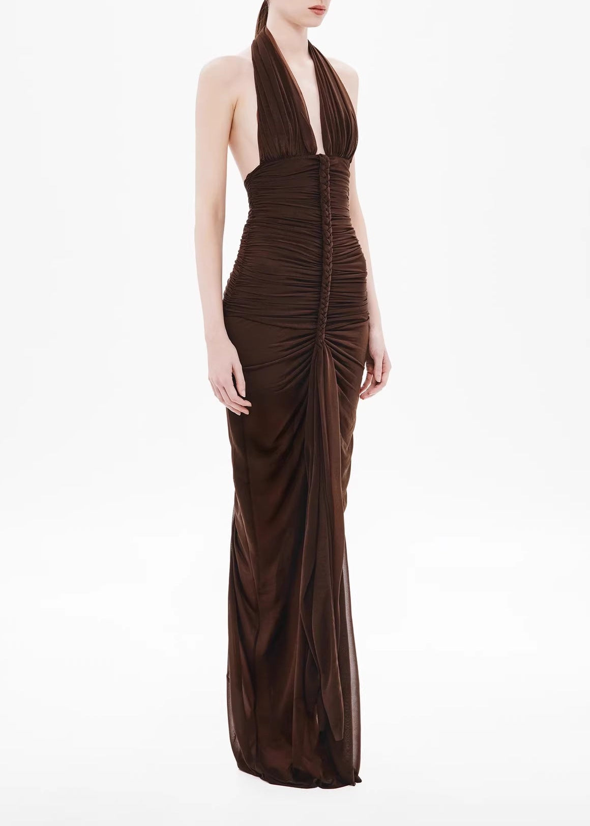 Elnyxa Halter Braid Detail Ruched Maxi Dress