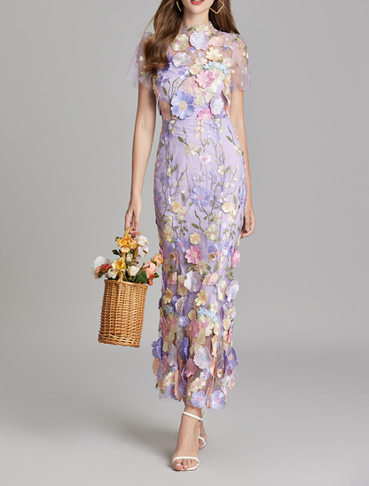 Chesley Floral Embroidery Mesh Fishtail Midi Dress