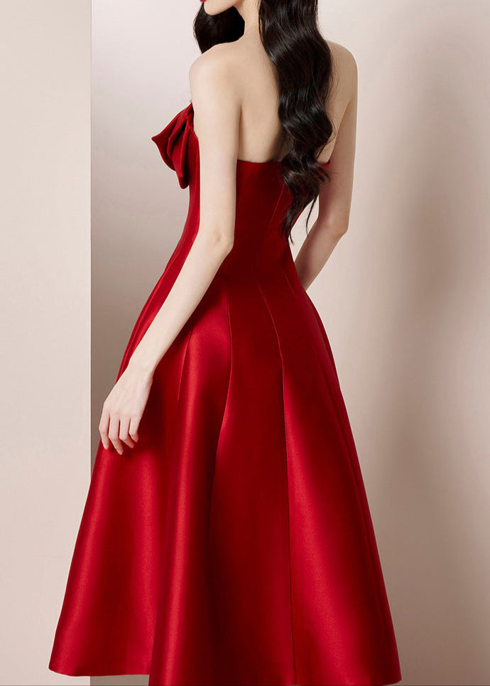 Valphyx Flower Satin Strapless Midi Dress In Red