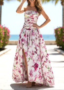 Isograph Strapless Ruched Floral Puff Maxi Dress In White Pink