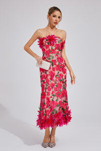 Chasity 3D Flower Embroidery Strapless Midi Dress In Rose Red
