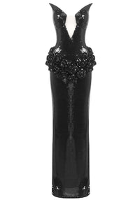 Asiah Strapless Sequin Floral Detail Maxi Dress In Black