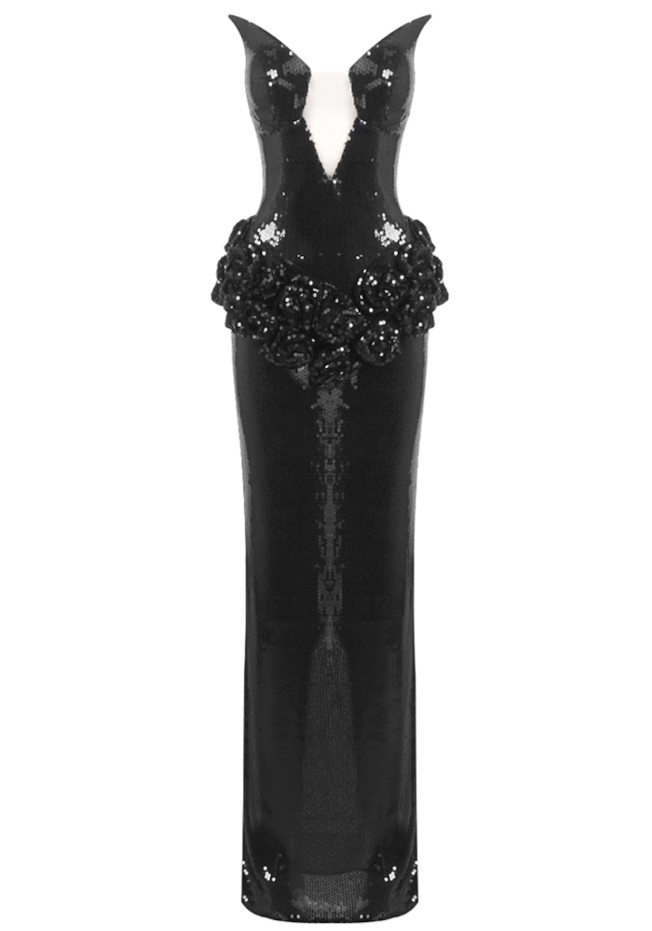 Asiah Strapless Sequin Floral Detail Maxi Dress In Black