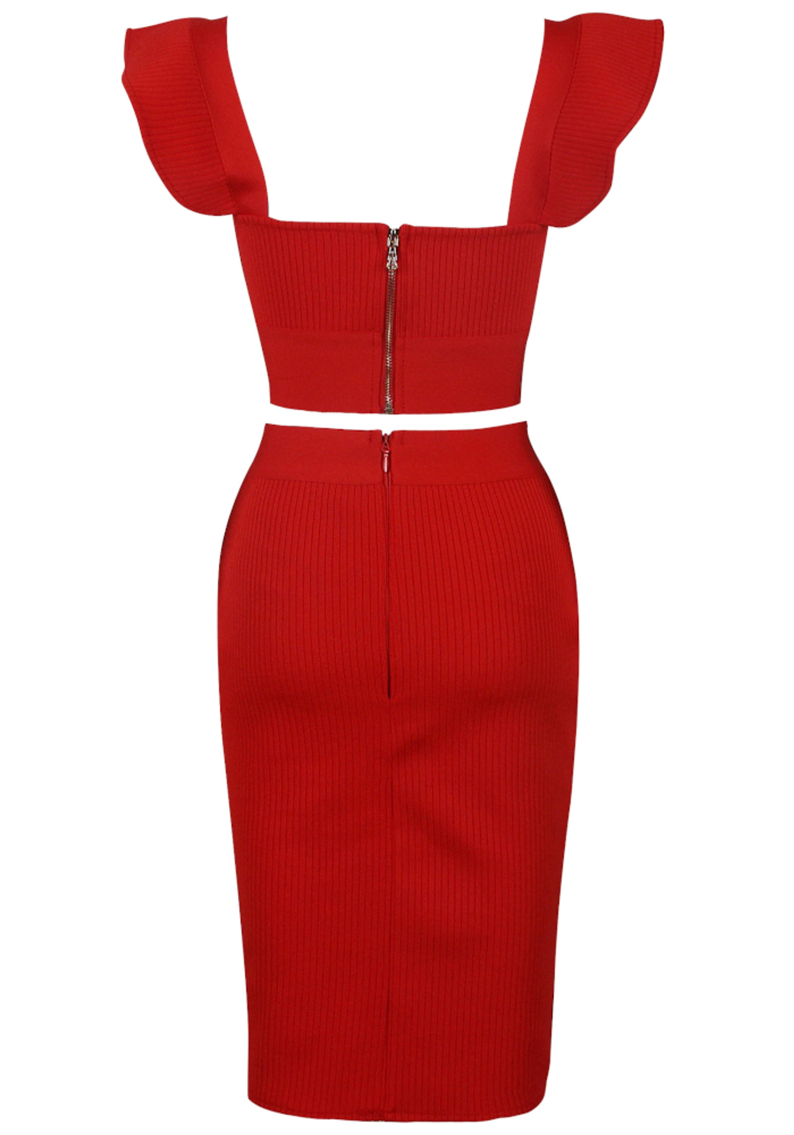Rawan Ruffle Detail Ribbed Two Piece Midi Dress In Red