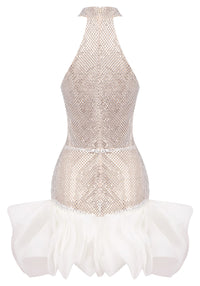 Delgado Halter Crystal Ruffle Mini Dress In White