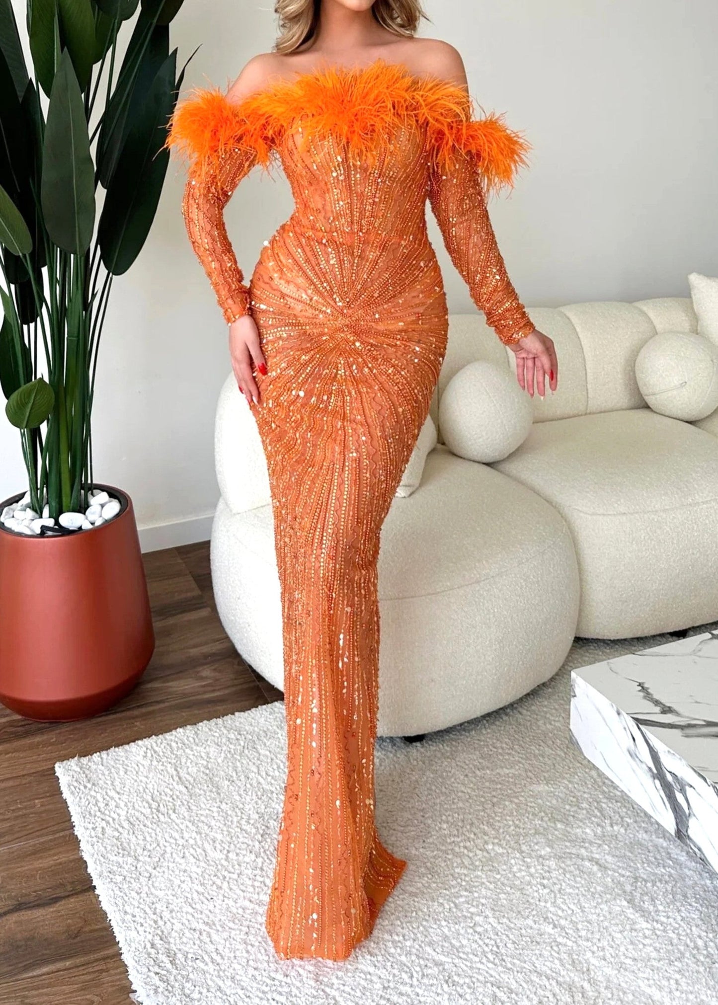 Edaline Long Sleeve Feather Bardot Sequin Maxi Dress In Orange