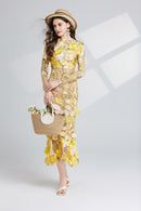 Thalvix Floral Embroidery Mesh Long Sleeve Midi Dress In Yellow