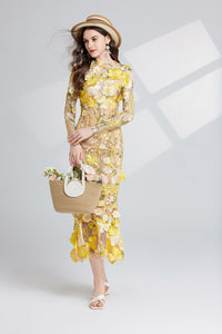 Thalvix Floral Embroidery Mesh Long Sleeve Midi Dress In Yellow