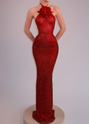 Calypsa 3D Flower Sequin Halter Maxi Dress In Red