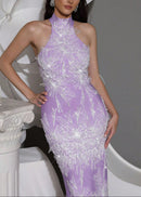 Alsatia Halter Pearl Sequin Embellished Maxi Dress In Lavender