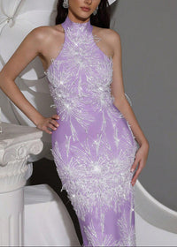 Alsatia Halter Pearl Sequin Embellished Maxi Dress In Lavender