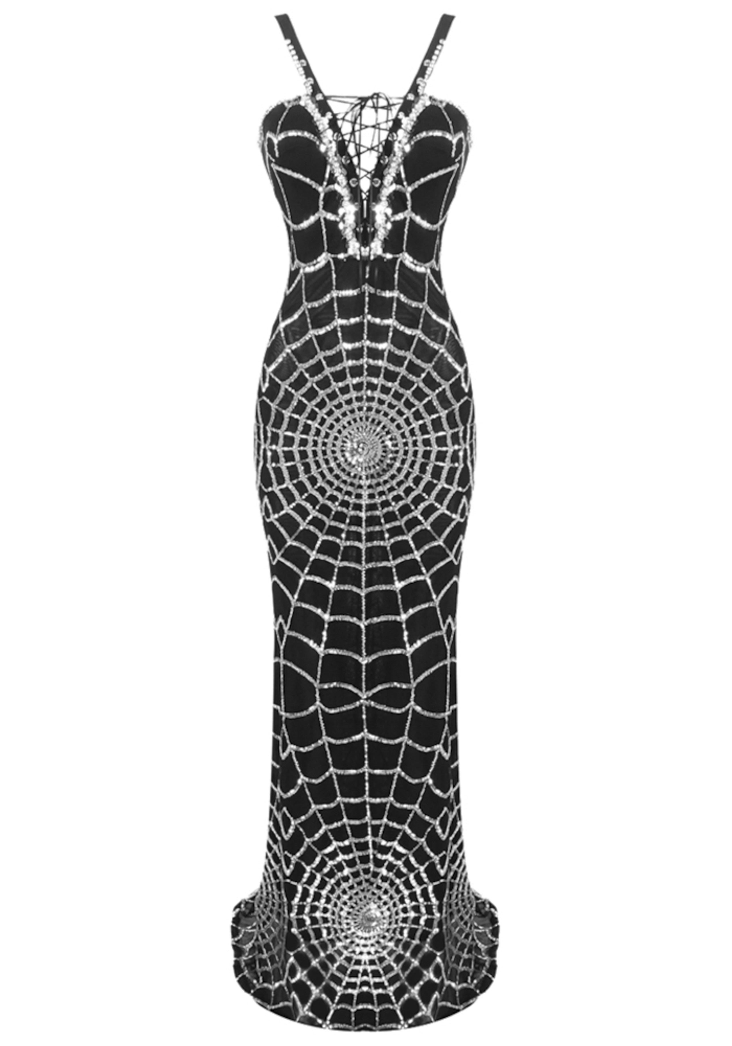 Coralyn Lace Up Sequin Maxi Dress In Black Silver