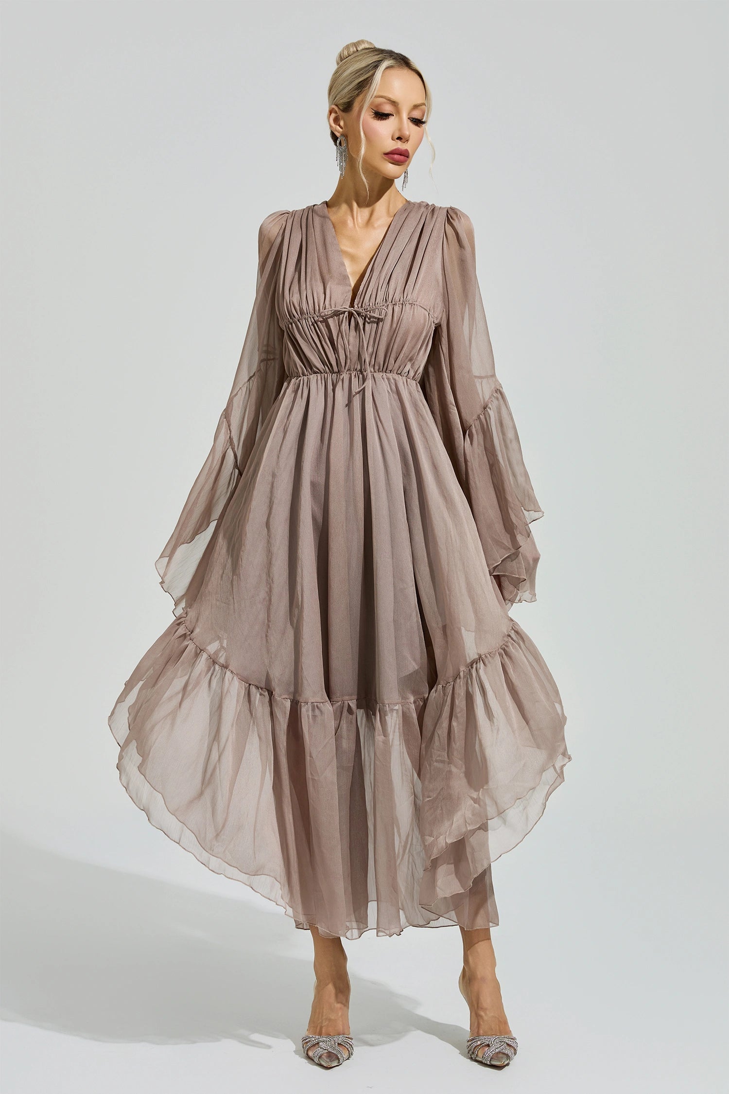 Silvionx Brown Flounce Sleeve Dress