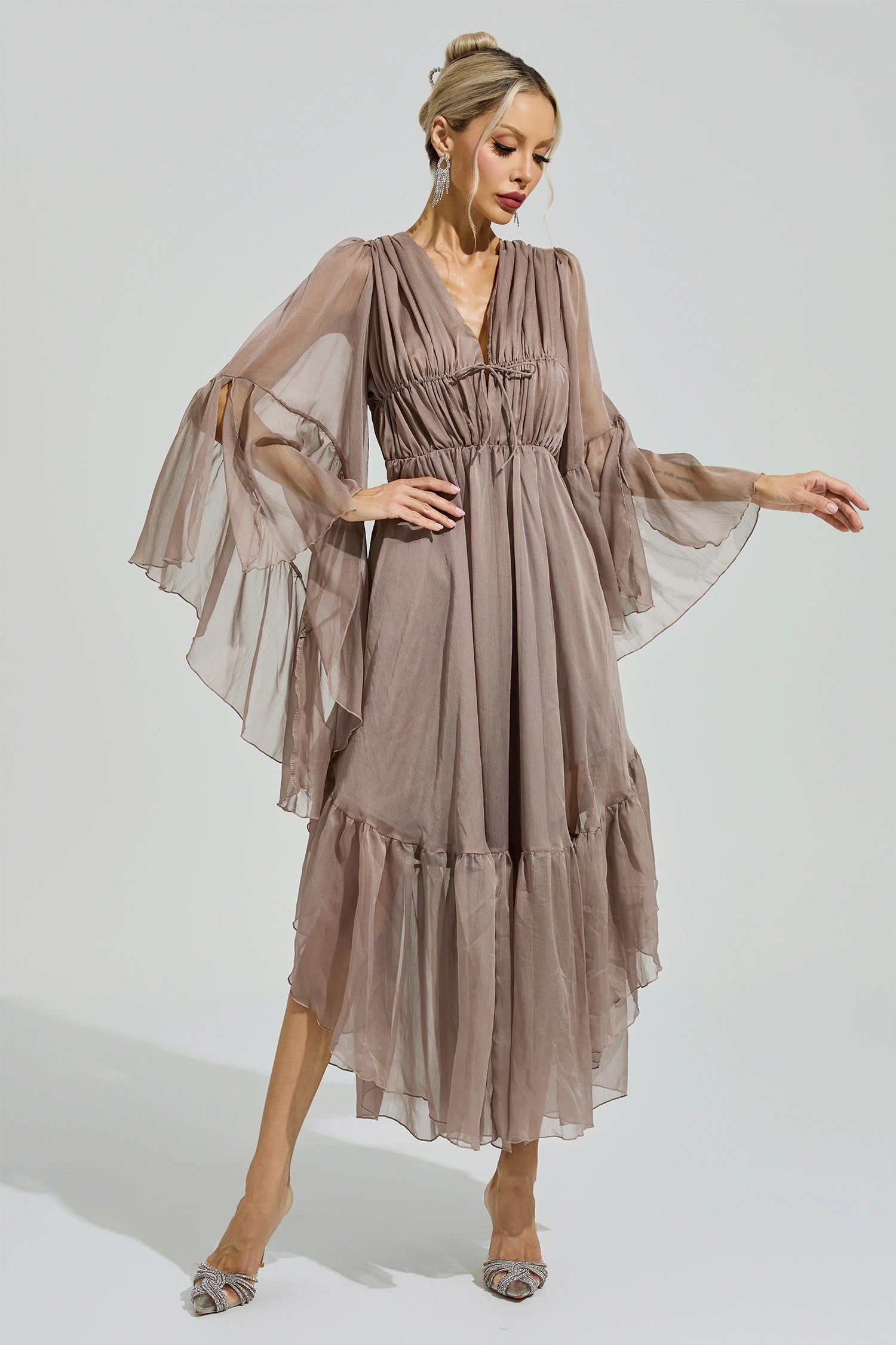 Silvionx Brown Flounce Sleeve Dress