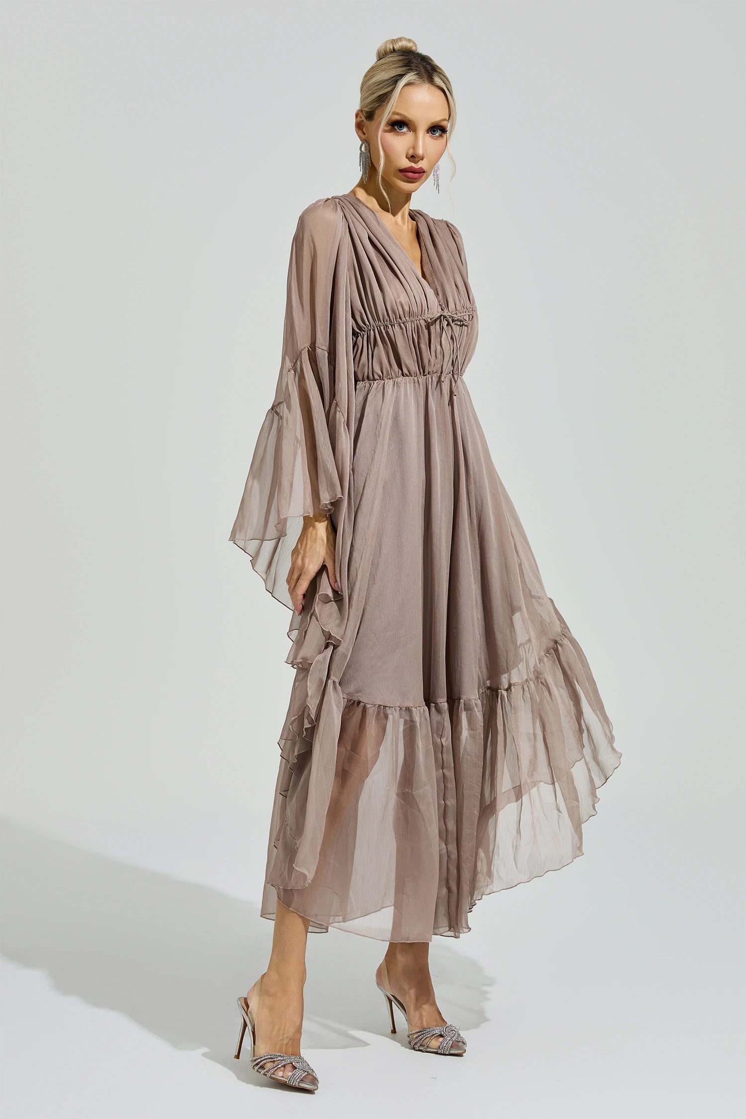 Silvionx Brown Flounce Sleeve Dress