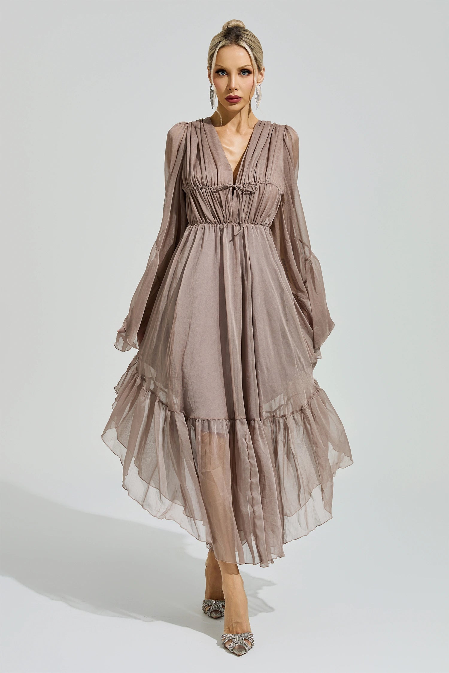 Silvionx Brown Flounce Sleeve Dress