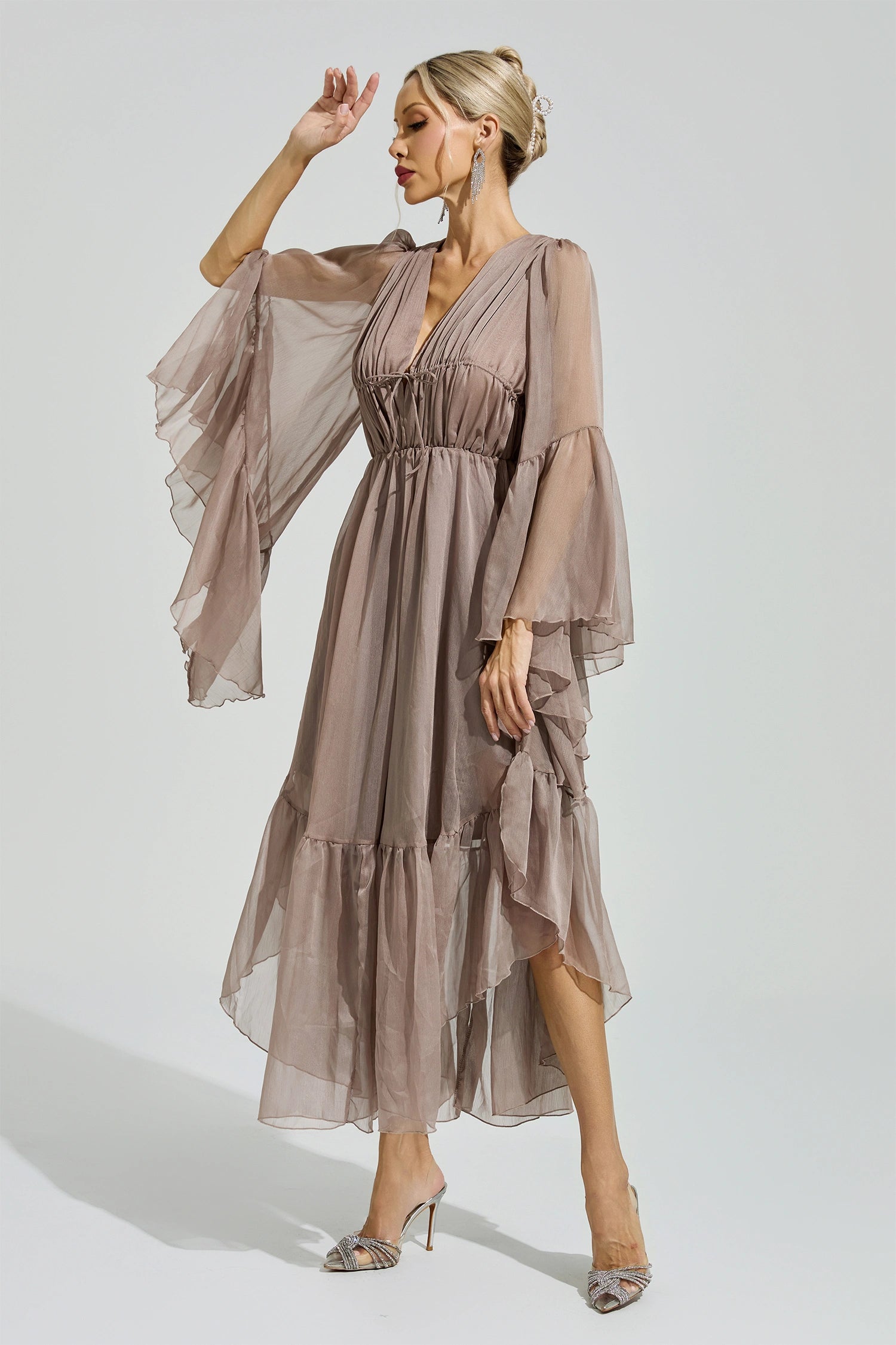Silvionx Brown Flounce Sleeve Dress