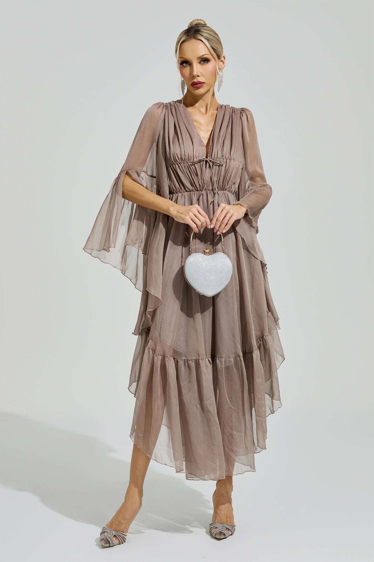 Silvionx Brown Flounce Sleeve Dress