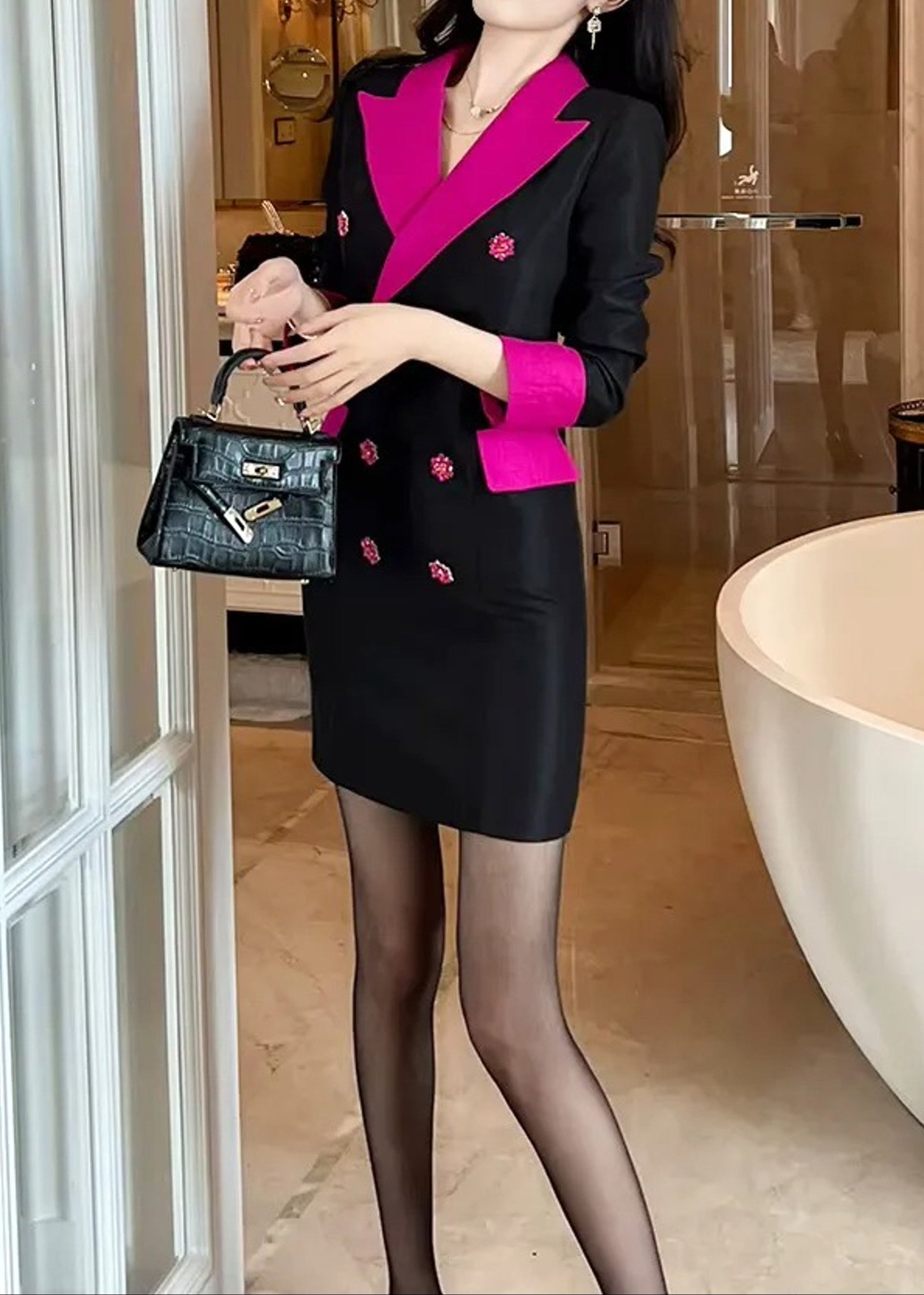 Cassey Blazer Dress In Black Hot Pink