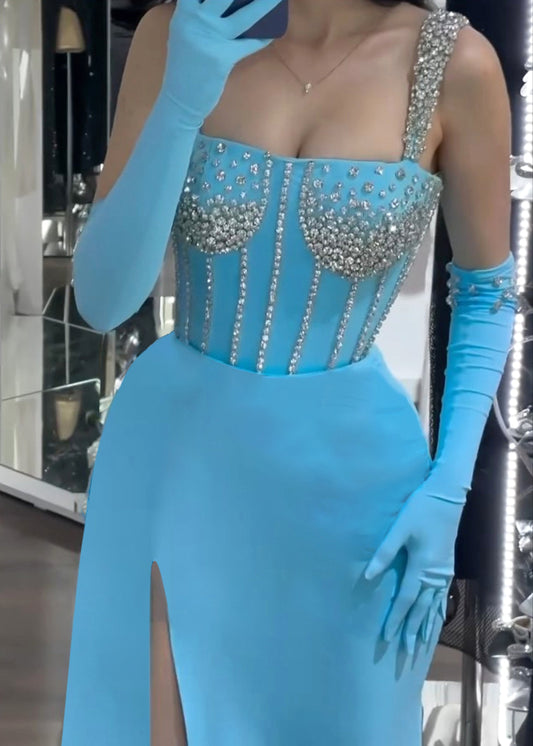 Hollee Crystal Bustier Maxi Dress In Blue