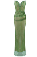 Kaelyra Strapless Crystal Bustier Sparkly Maxi Dress In Green