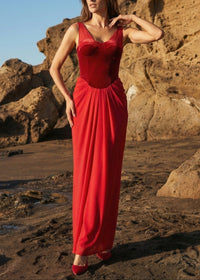 Cazmir Velvet Bustier Draped Maxi Dress In Red