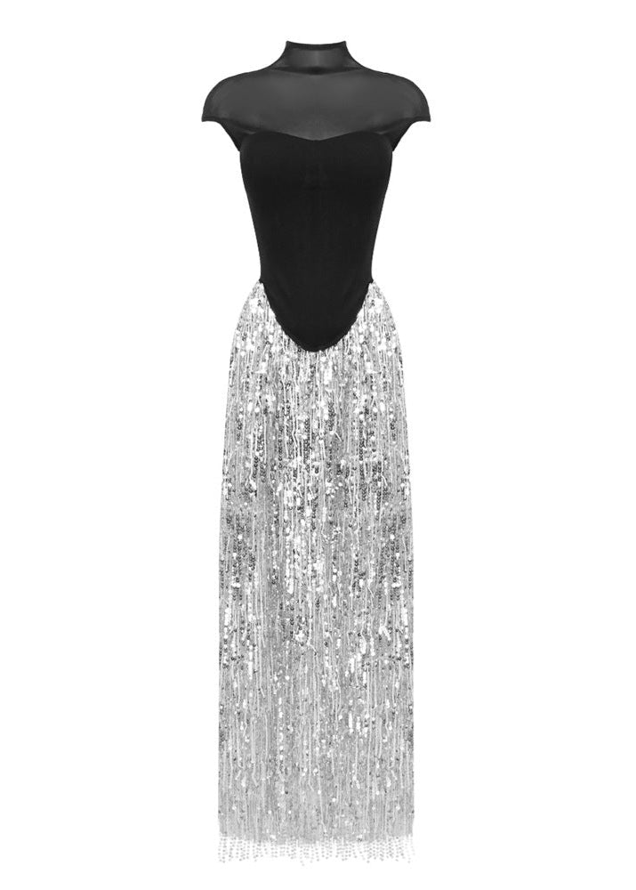 Jonix Mesh Tassel Sequin Long Skirt Set