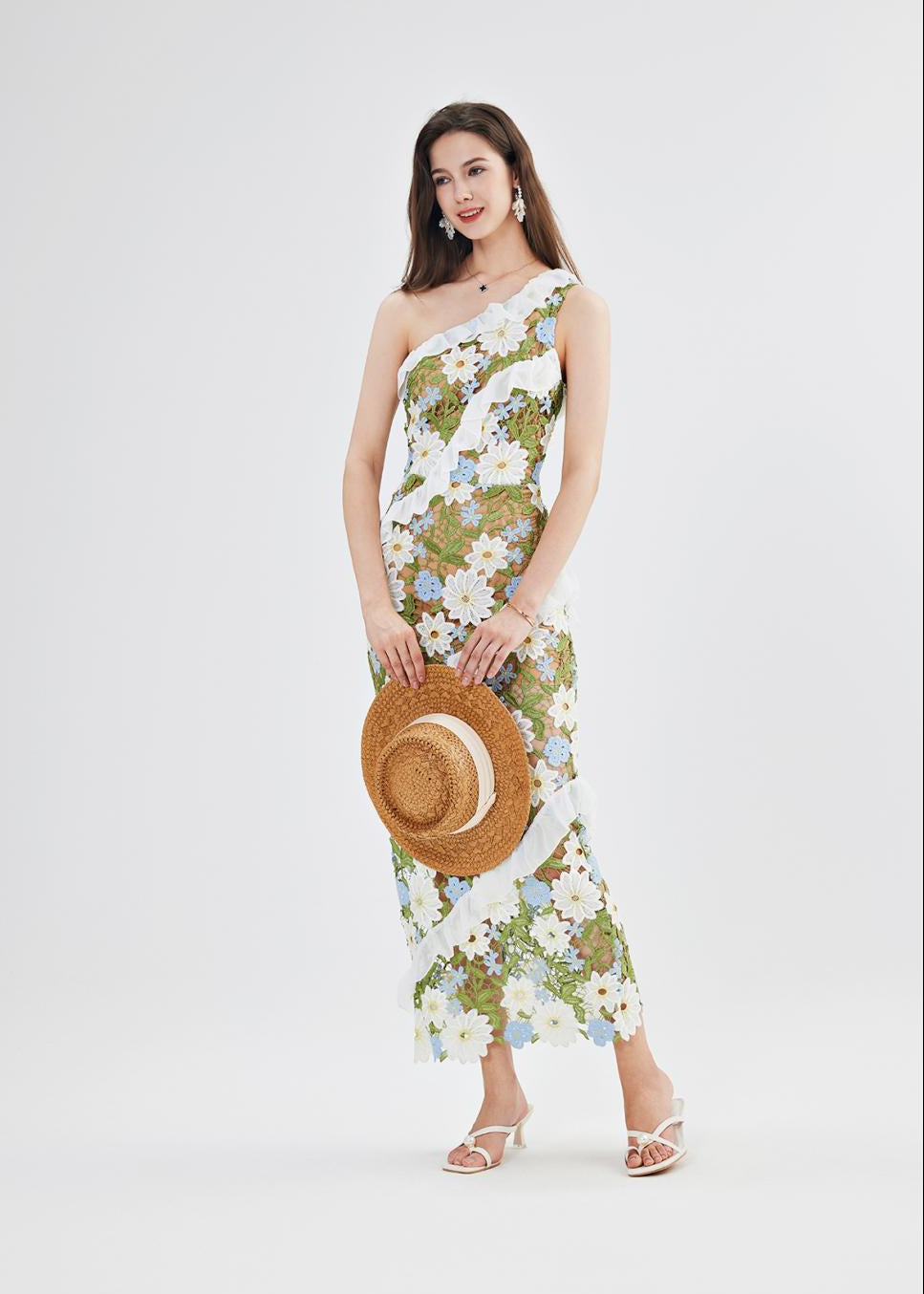 Catherine One Shoulder Flower Embroidered Maxi Dress
