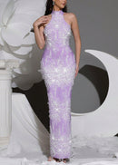 Alsatia Halter Pearl Sequin Embellished Maxi Dress In Lavender