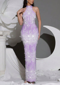 Alsatia Halter Pearl Sequin Embellished Maxi Dress In Lavender
