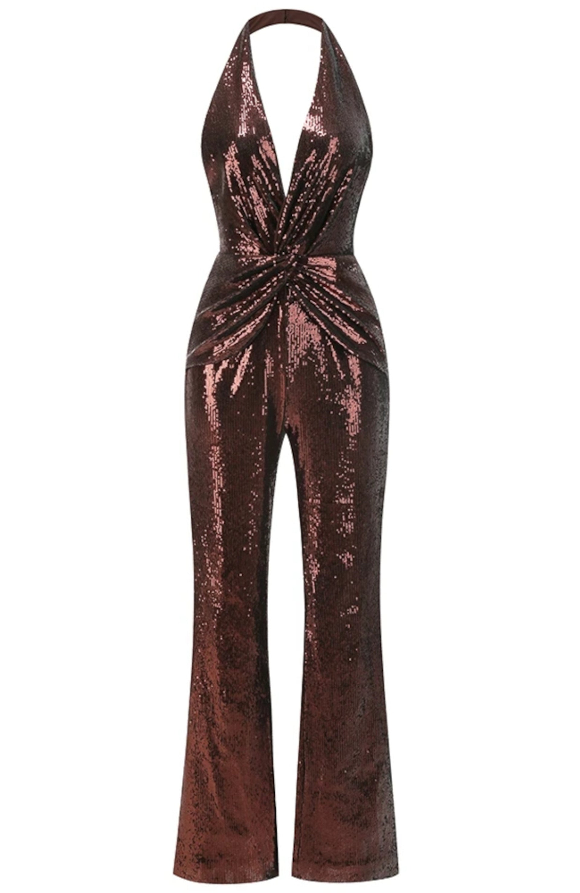 Lizbeth Halter Draped Sequin Jumpsuit In Brown