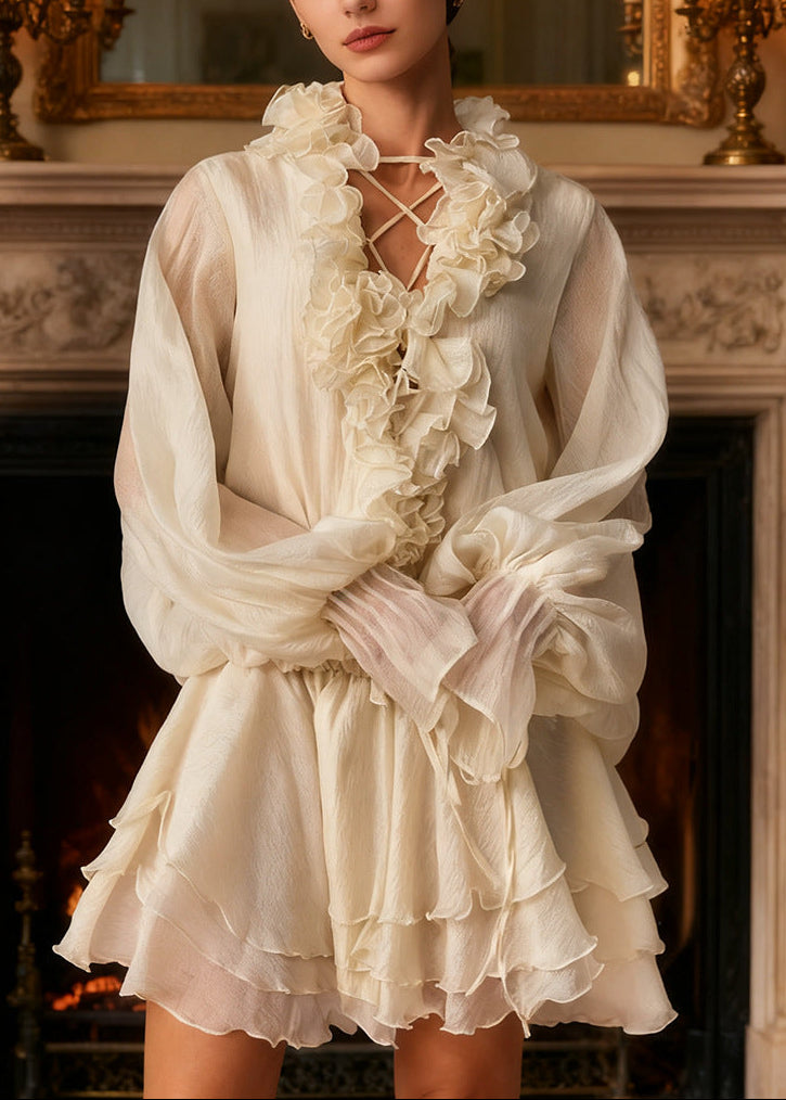 Capriana Floral-Appliqué Tiered Mini Dress In Neutrals